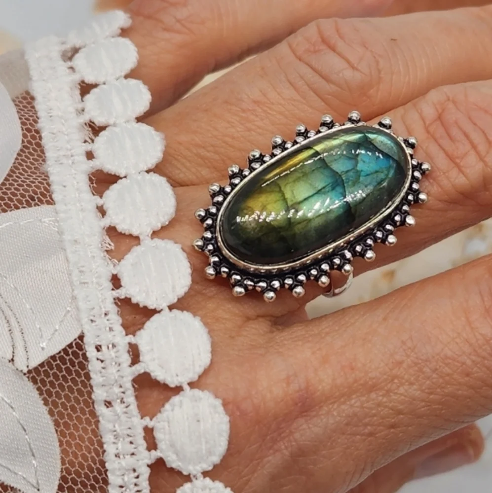 Boho Silver Ring Impressive Large Natural Labradorite Stone 925 Silver